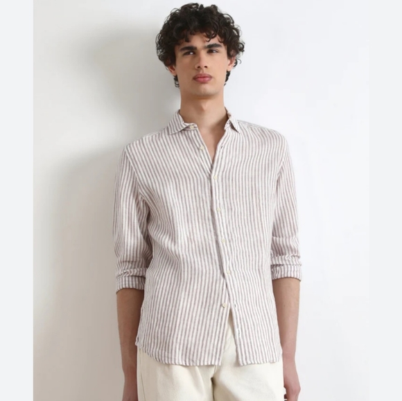egg nog Other - Size- M, natural woven striped unisex cotton shirt